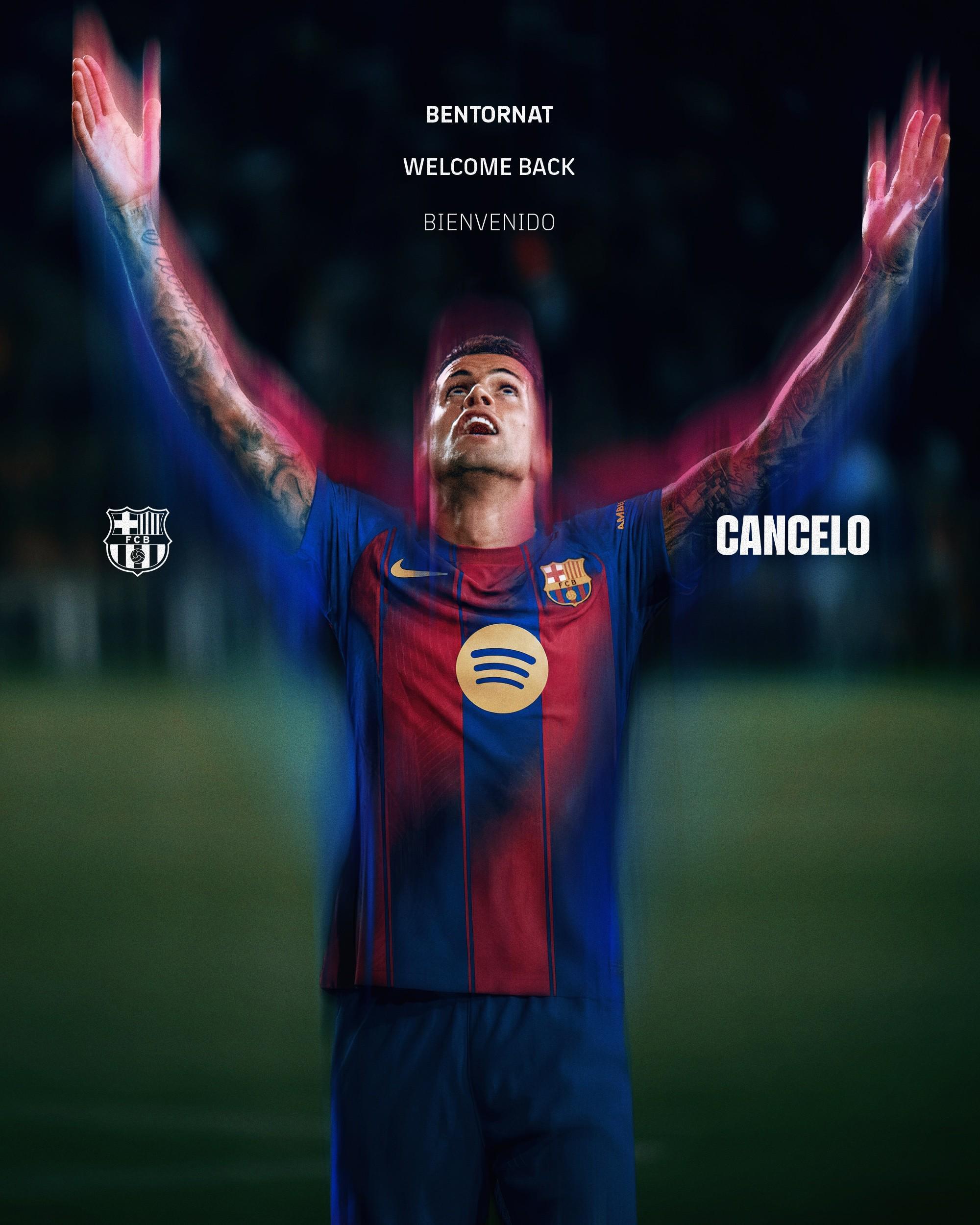 官方渠道-官方：巴萨租借坎塞洛至赛季末，据悉租借费400万欧